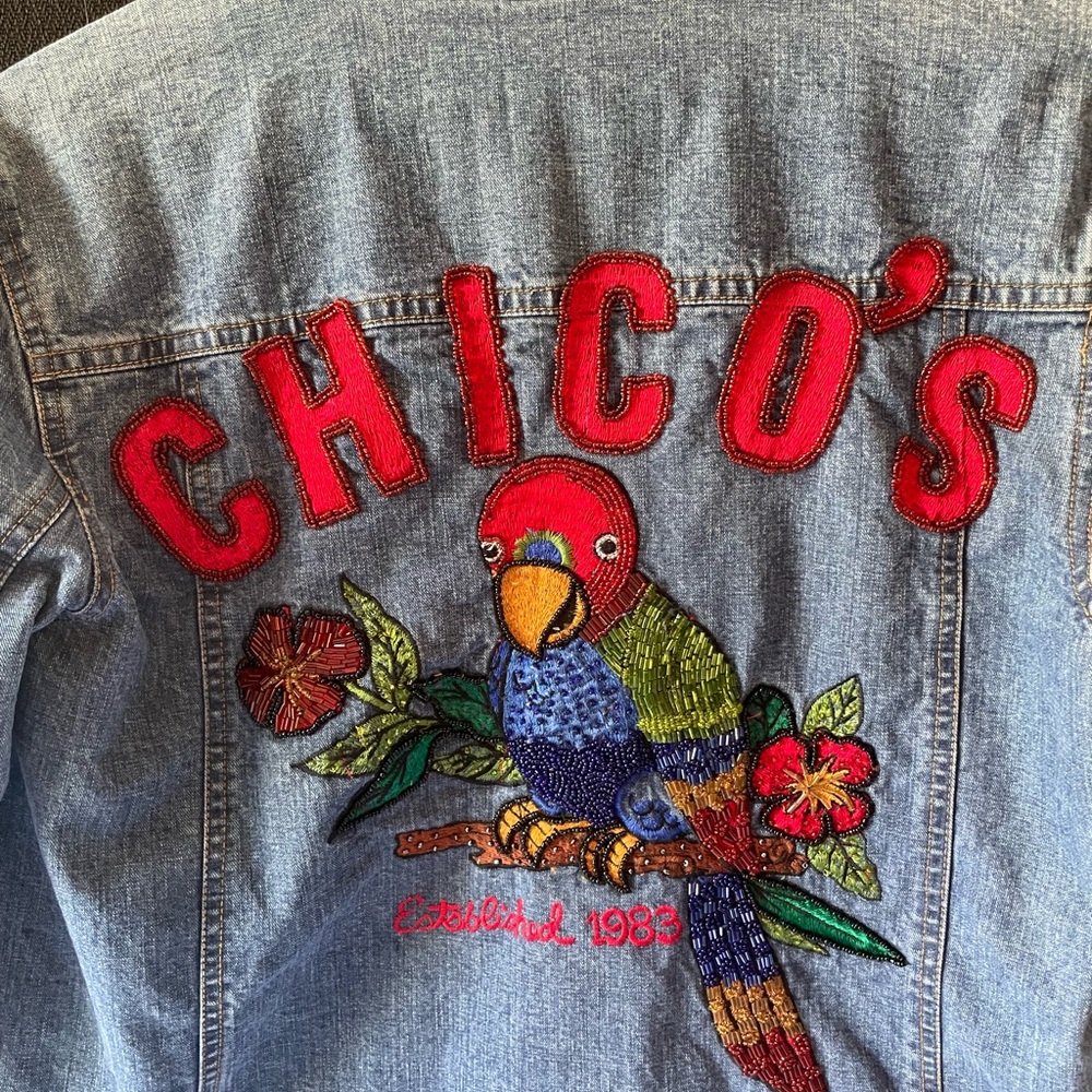 Chico's 1983 Anniversary Embroidered Denim Jacket with Parrot Design. Size 1 - Picture 2 of 12